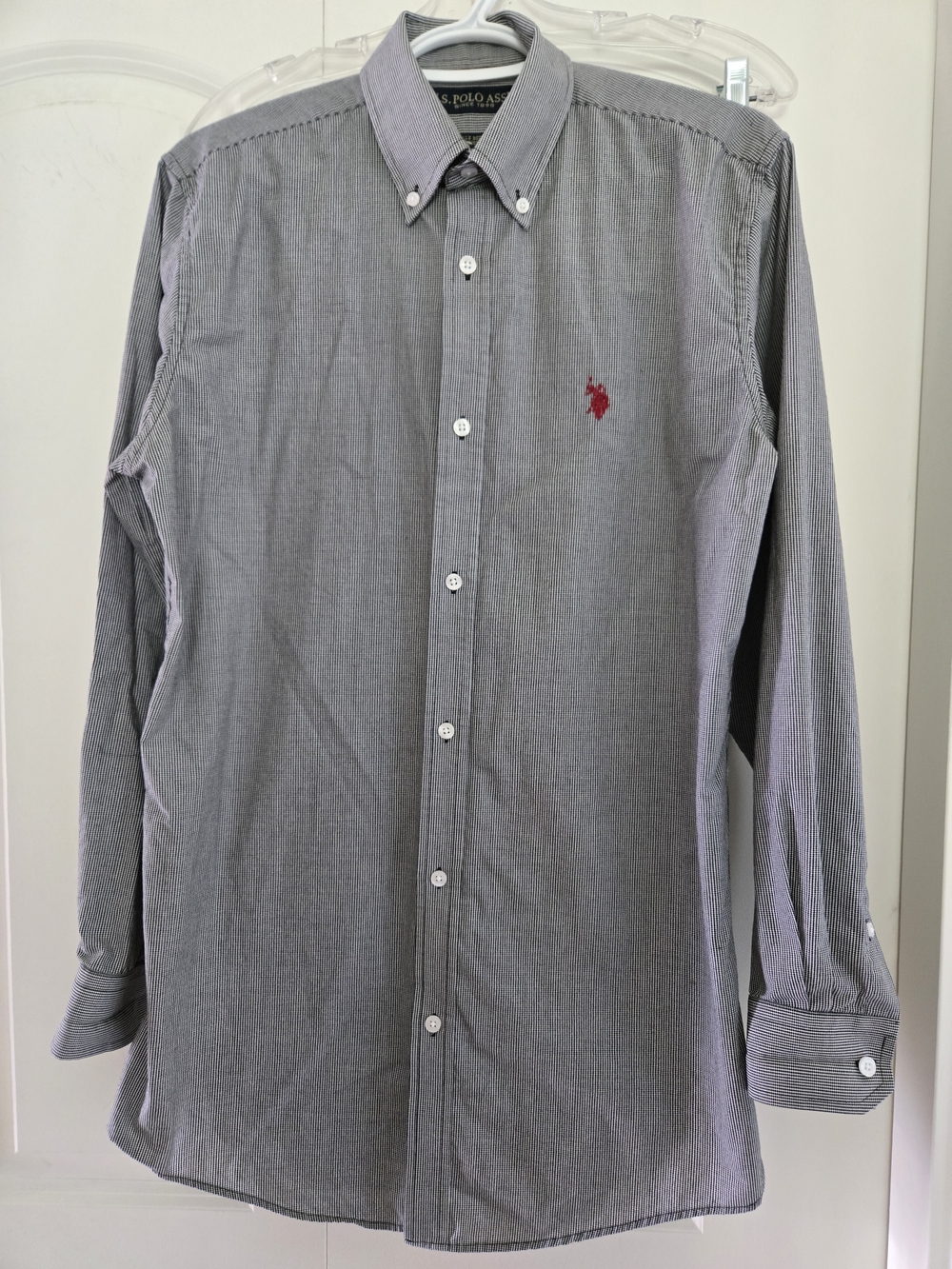 U.S. Polo Assn. Men’s Black & White Checkered Dress Shirt with Red Pony Logo